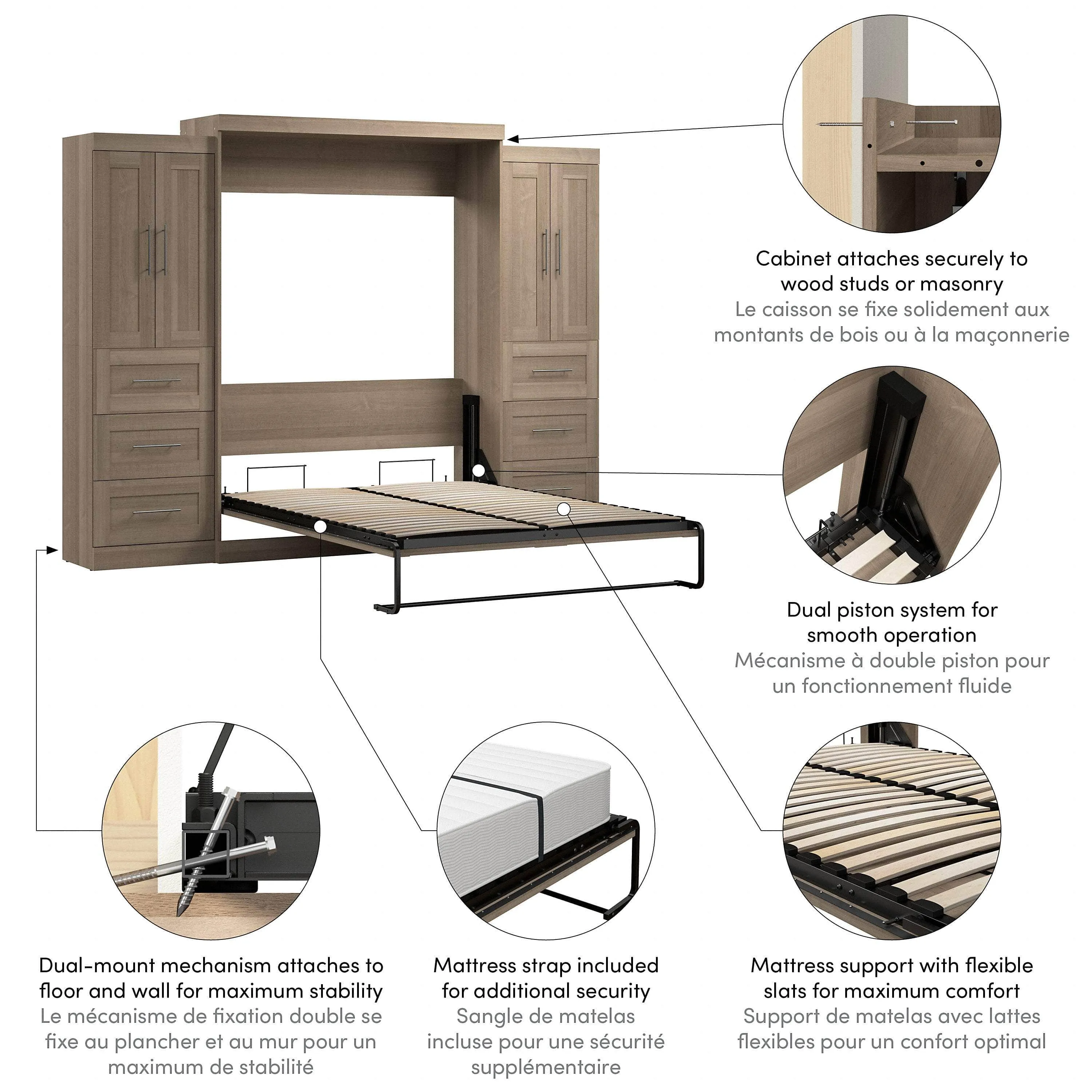 Pur Queen Murphy Wall Bed with Closet Storage Cabinets (115W) - Available in 7 Colours