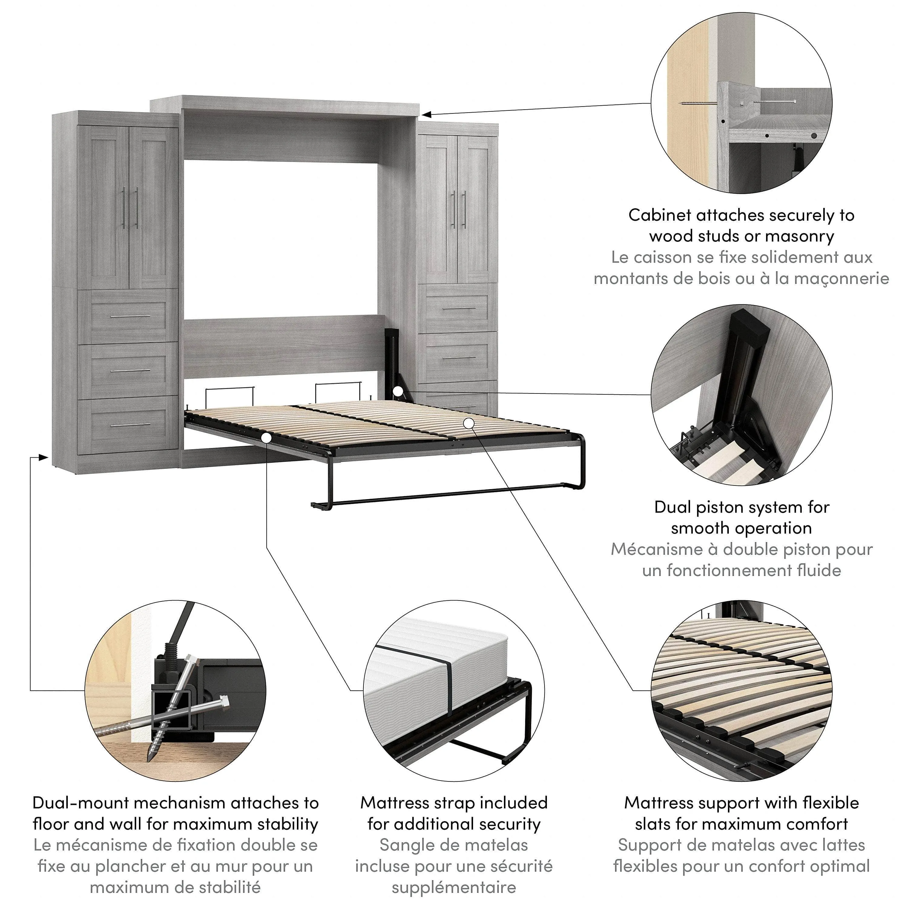 Pur Queen Murphy Wall Bed with Closet Storage Cabinets (115W) - Available in 7 Colours