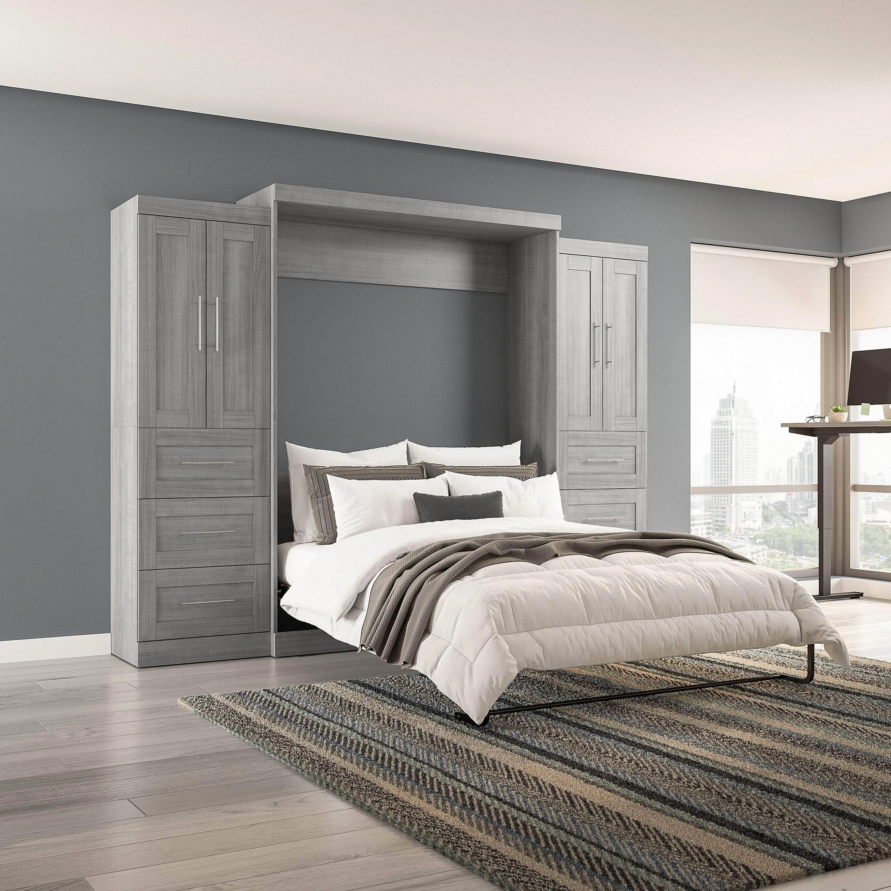 Pur Queen Murphy Wall Bed with Closet Storage Cabinets (115W) - Available in 7 Colours