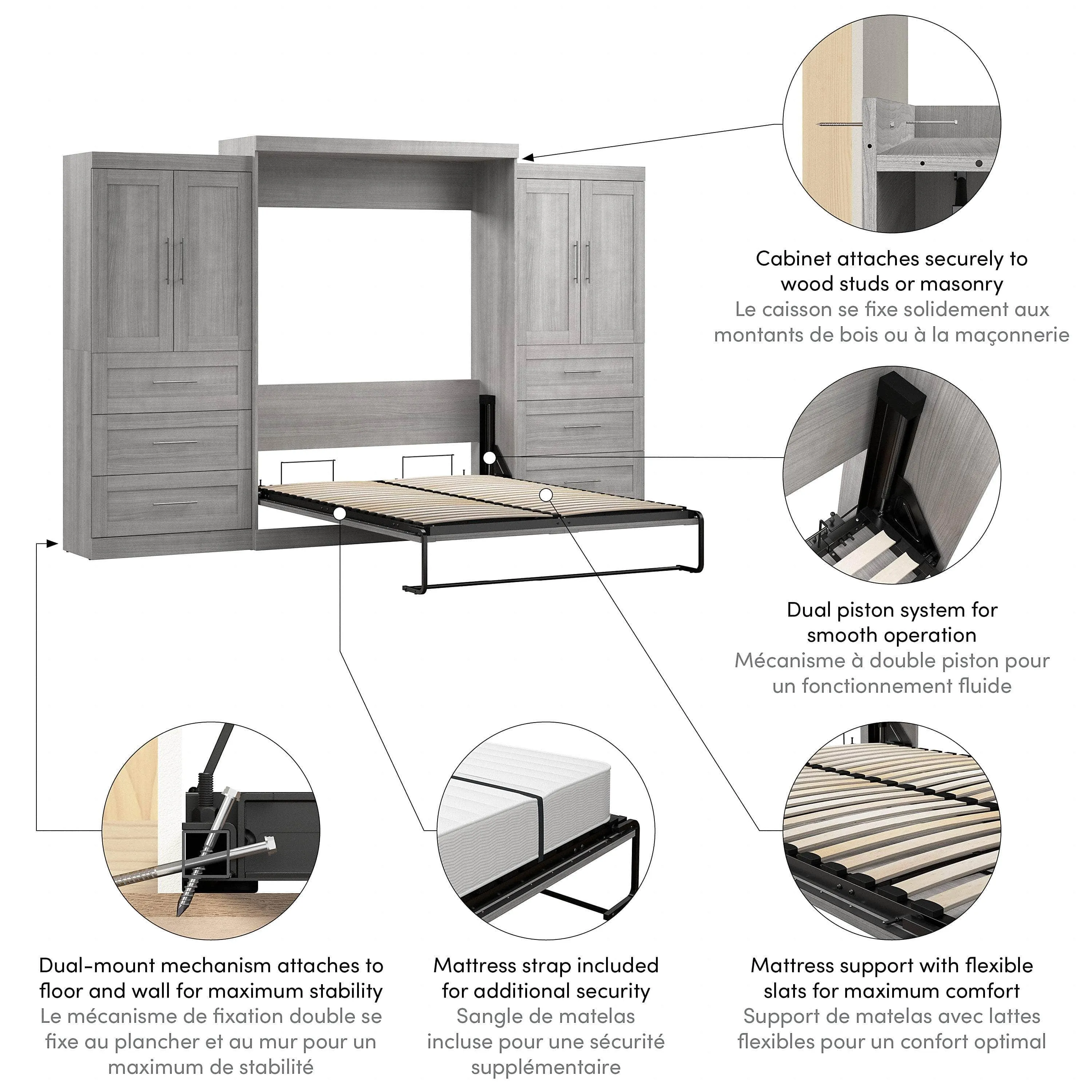 Pur Queen Murphy Wall Bed with Wardrobes (136W) - Available in 5 Colours