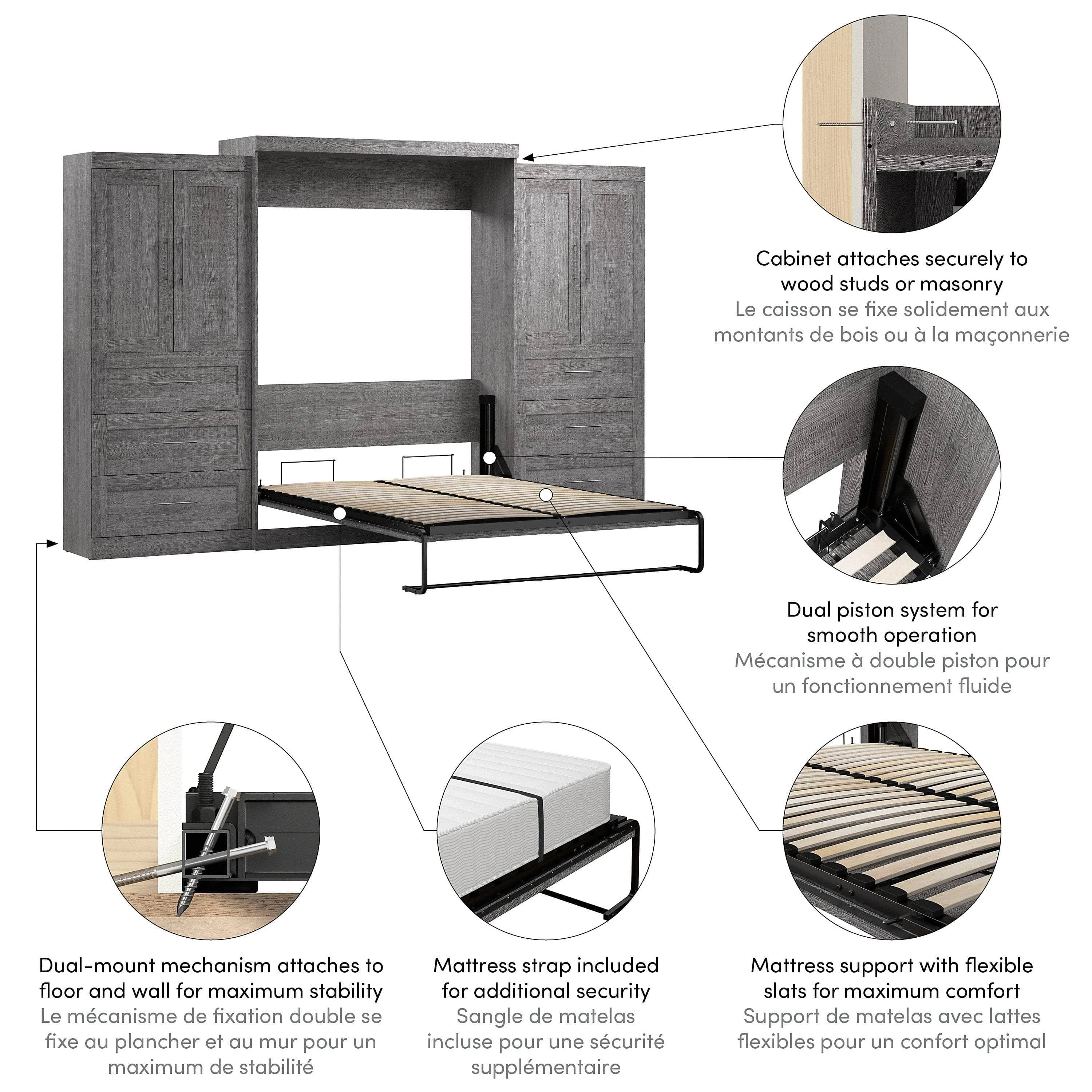 Pur Queen Murphy Wall Bed with Wardrobes (136W) - Available in 5 Colours