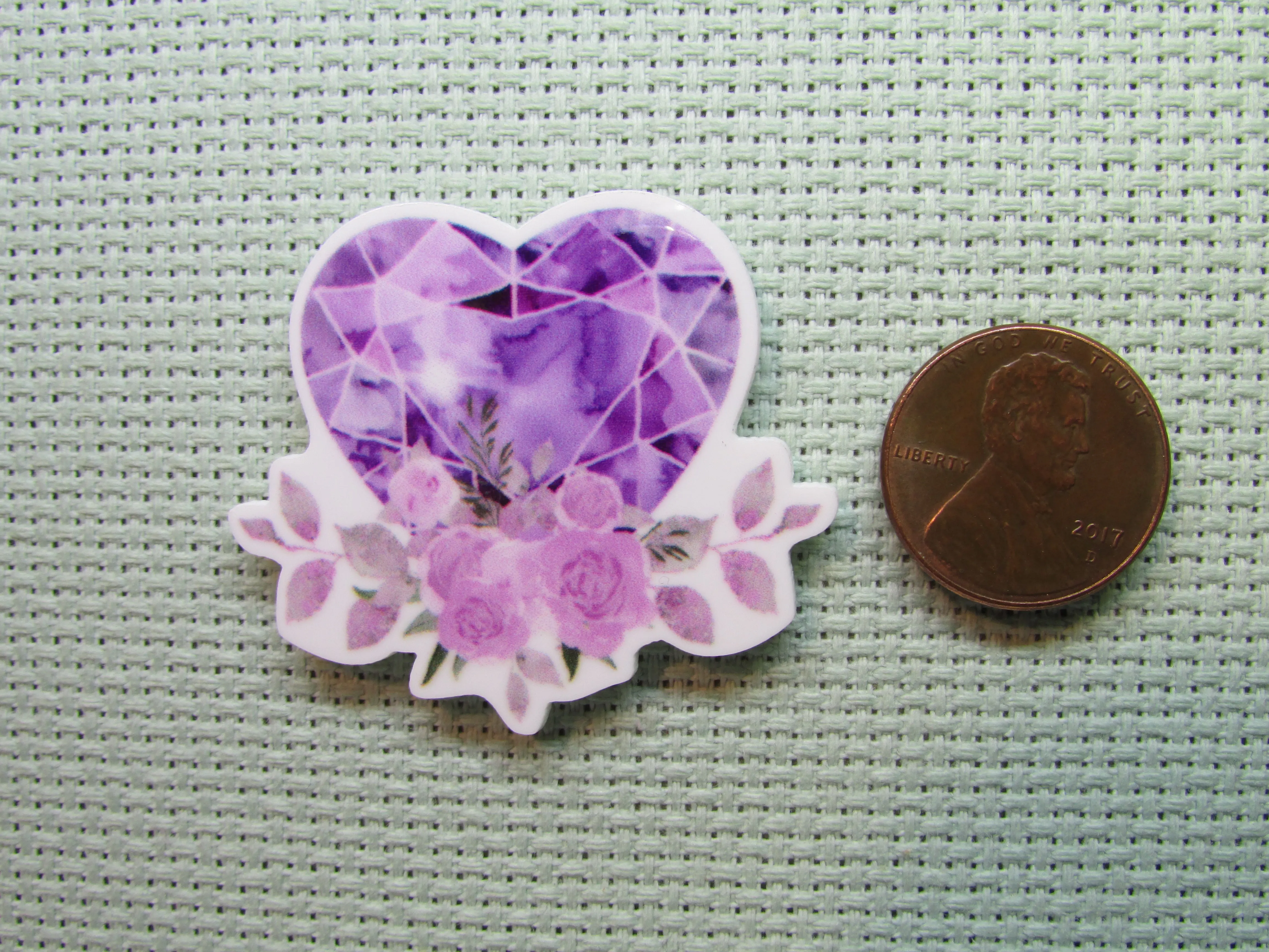 Purple Jeweled Heart with Flowers Needle Minder, Cover Minder, Magnet