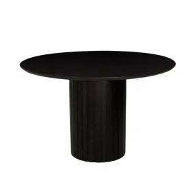 Ribbed Base Pillar Solid Acacia Wood Round Dining Table Black Finish 48 inch