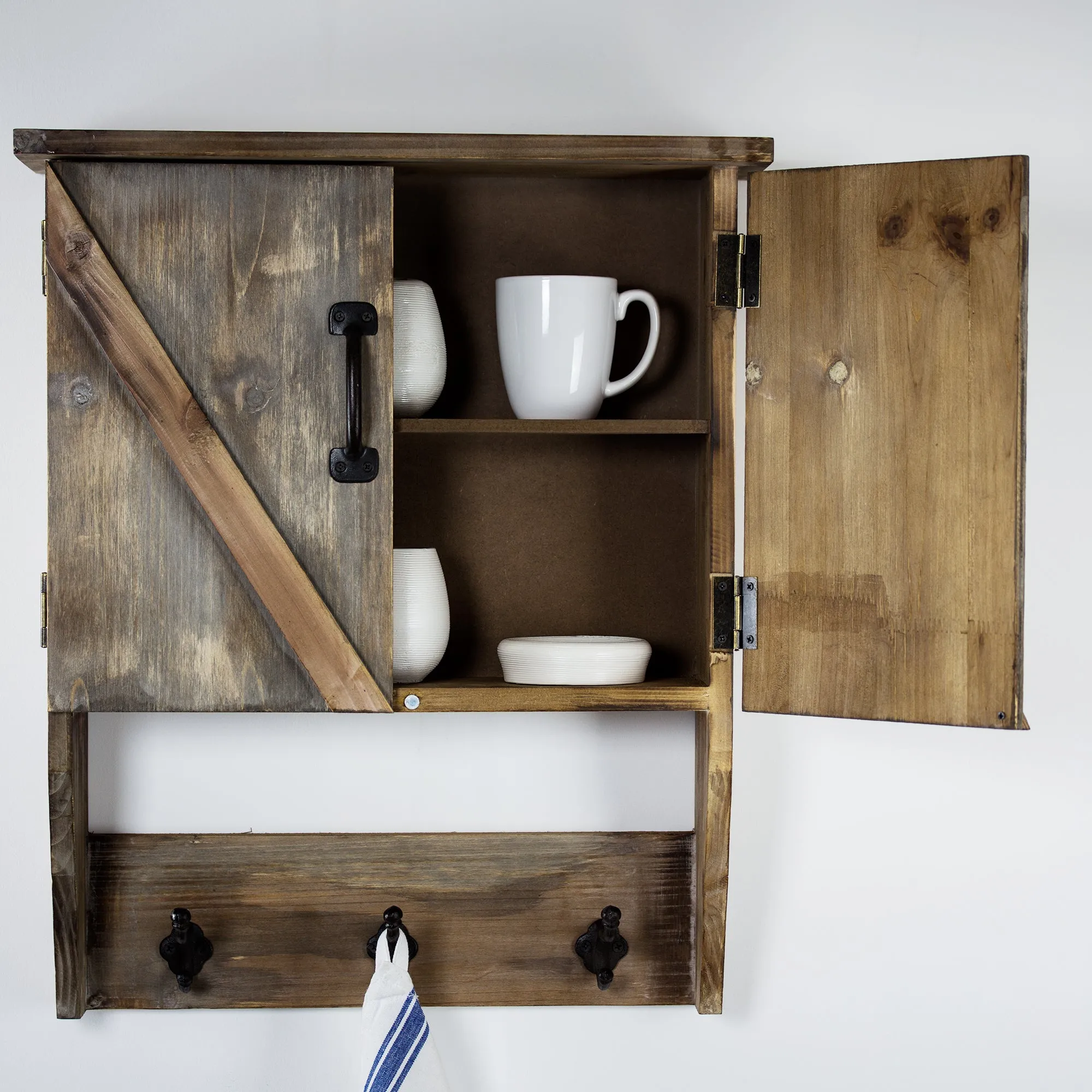 Rustic Hanging Storage Cabinet & Hooks