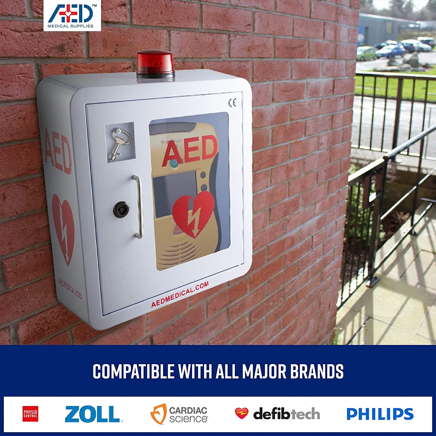 Stainless Steel AED Cabinet | 14 x 8 x 15.5 Inch  | With Emergency Strobe Light, Door-Activated Alarm & Key