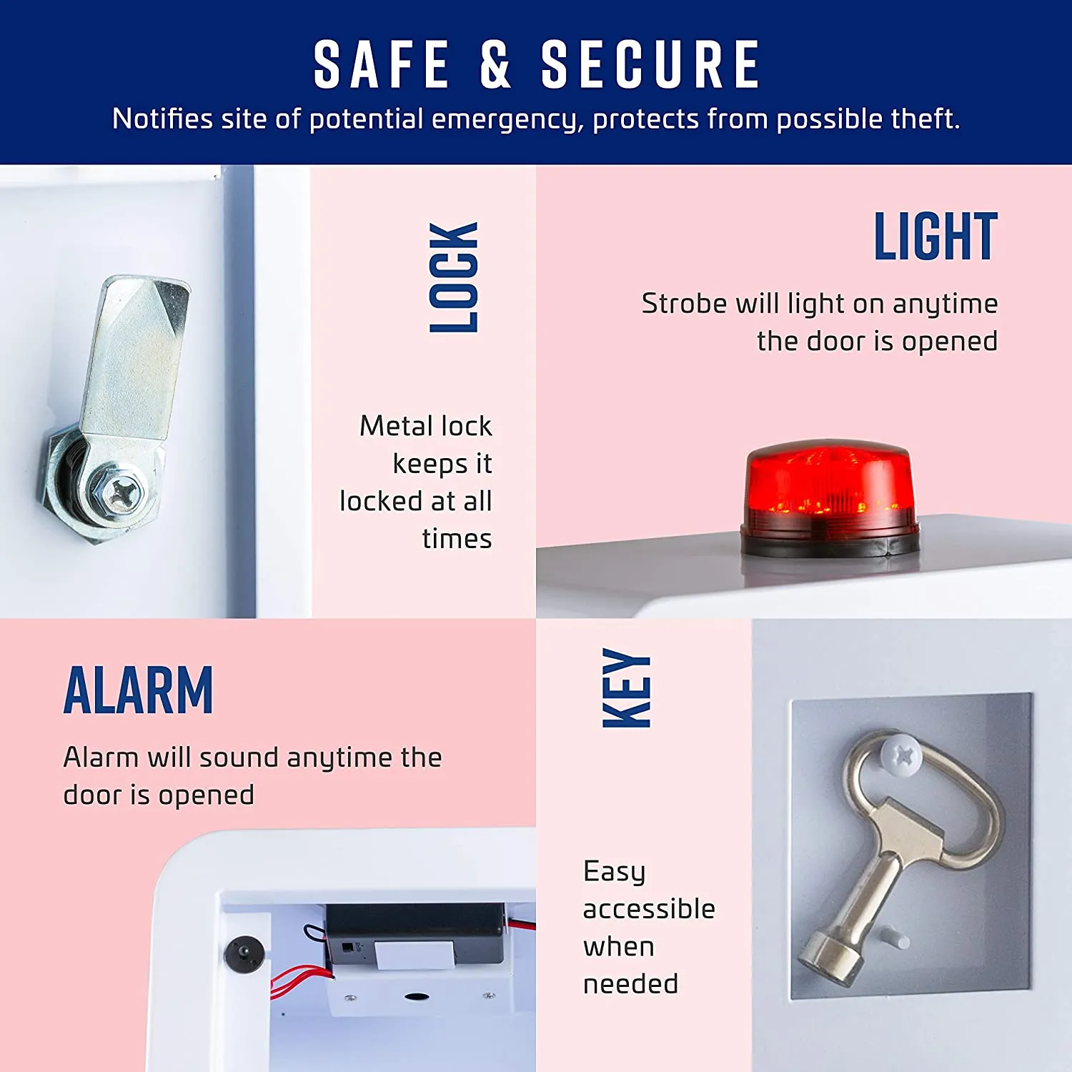 Stainless Steel AED Cabinet | 14 x 8 x 15.5 Inch  | With Emergency Strobe Light, Door-Activated Alarm & Key