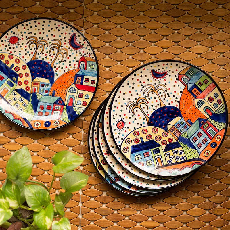 'The Hut Family' Hand-Painted Ceramic Dinner Plates (25.4 cm, Set Of 6)