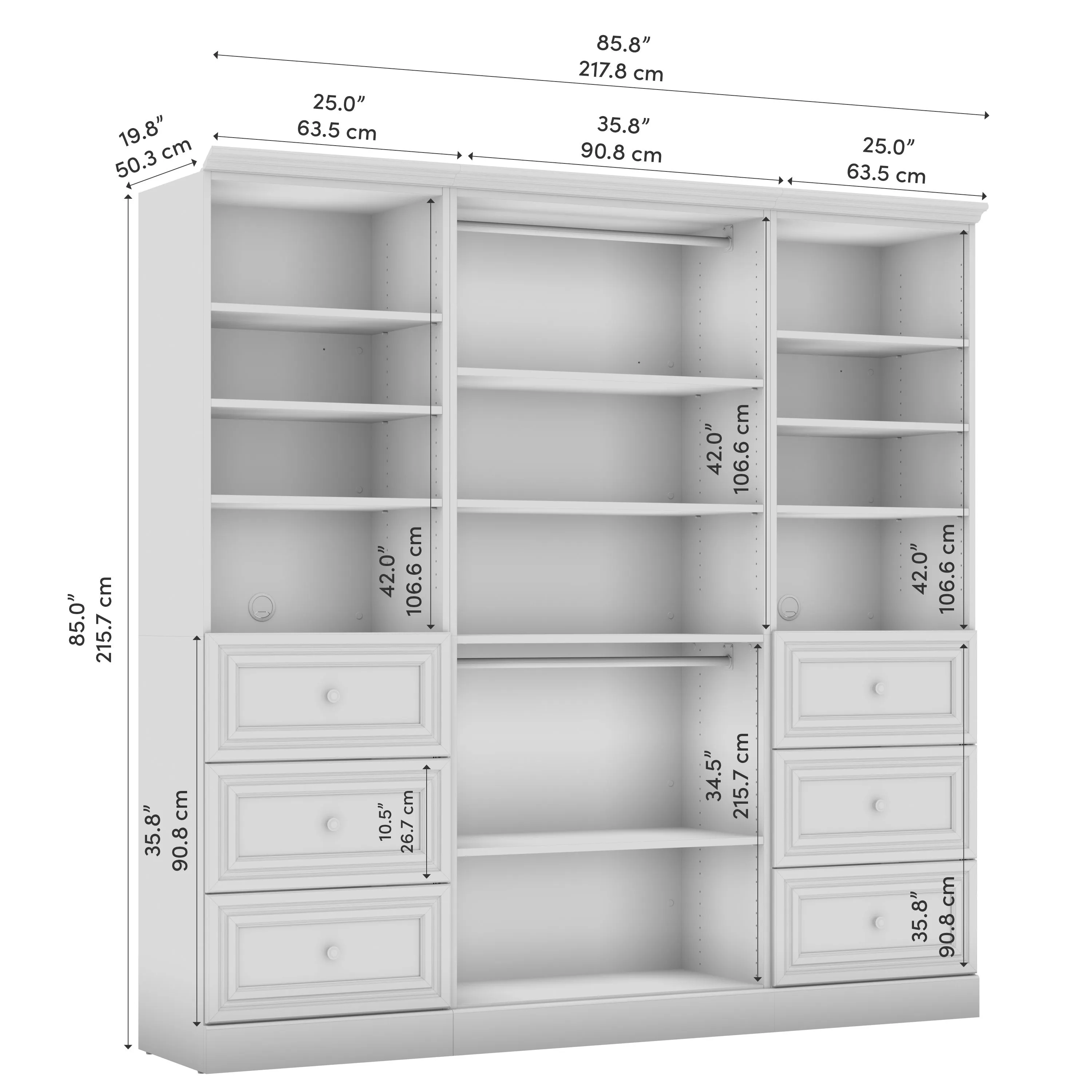 Versatile 86W Closet Organizer with Drawers - Available in 2 Colours