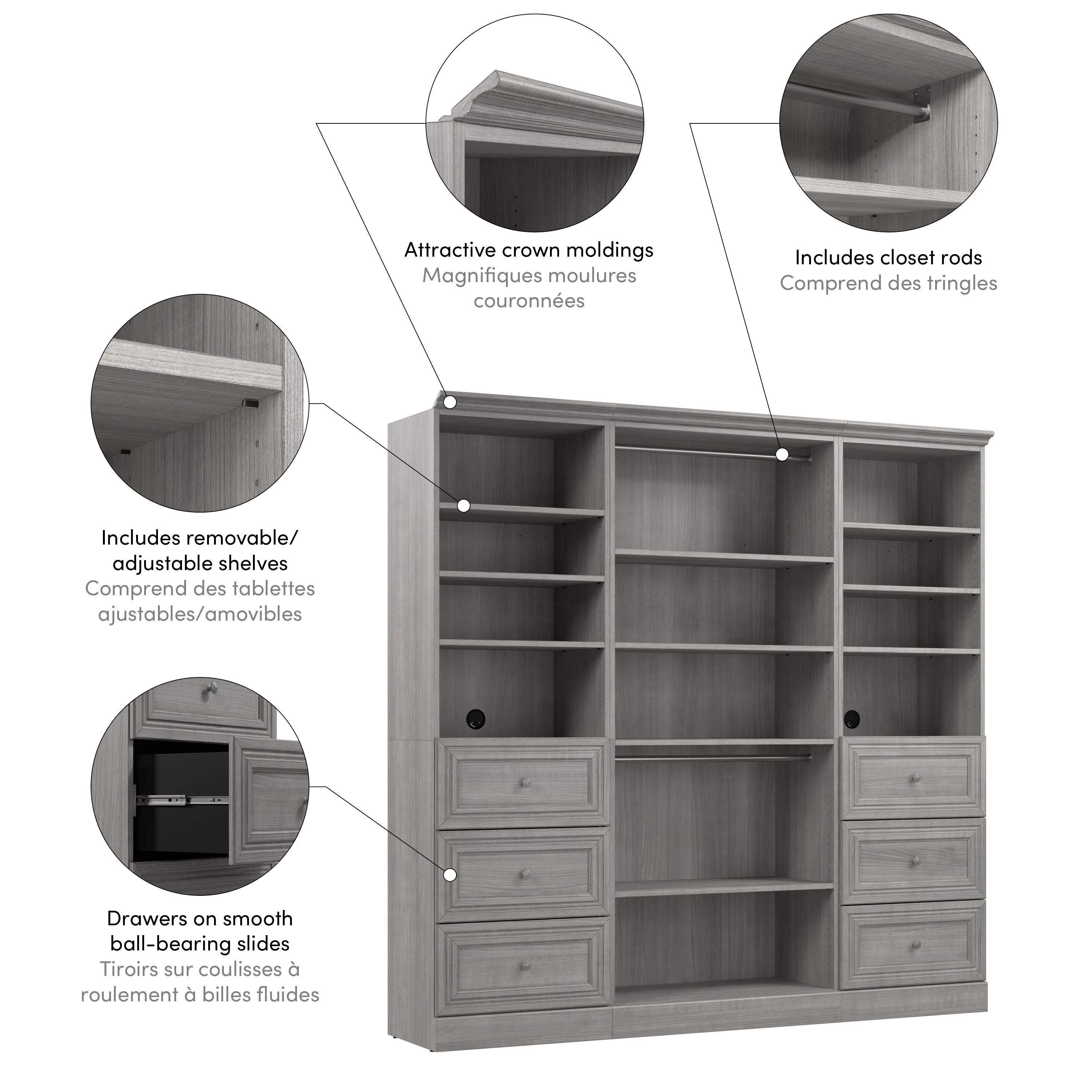 Versatile 86W Closet Organizer with Drawers - Available in 2 Colours