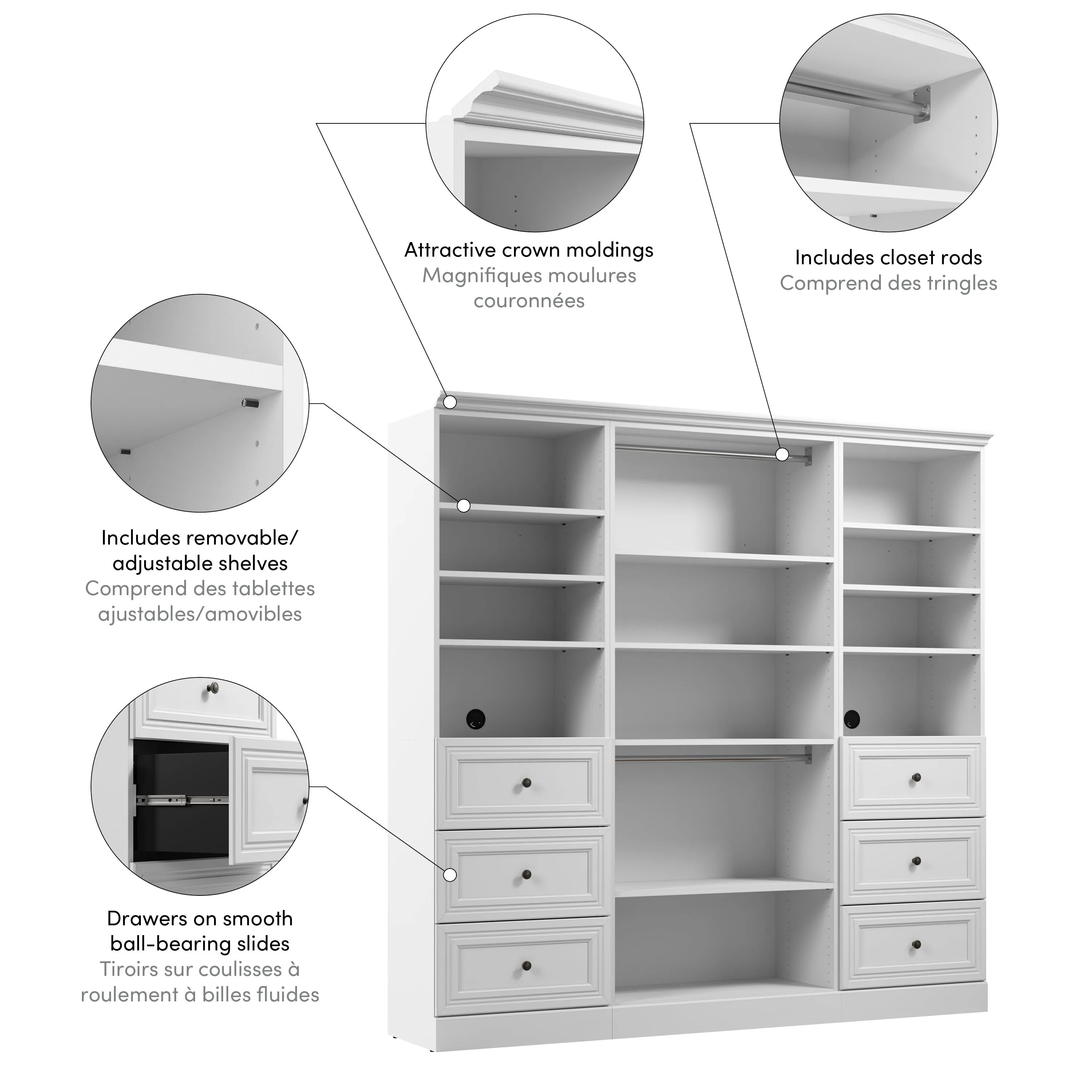 Versatile 86W Closet Organizer with Drawers - Available in 2 Colours