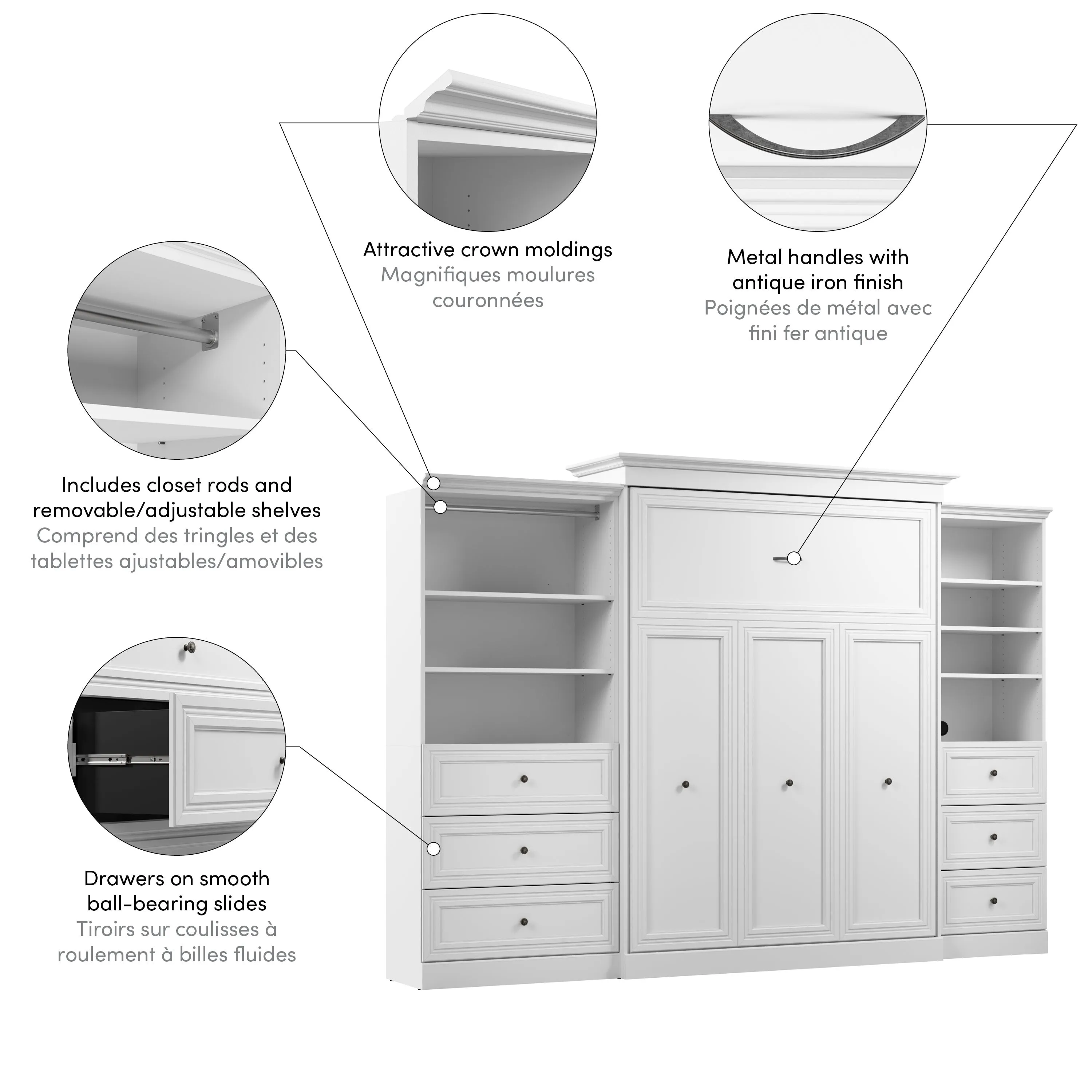 Versatile Queen Murphy Wall Bed and Closet Organizers with Drawers in White