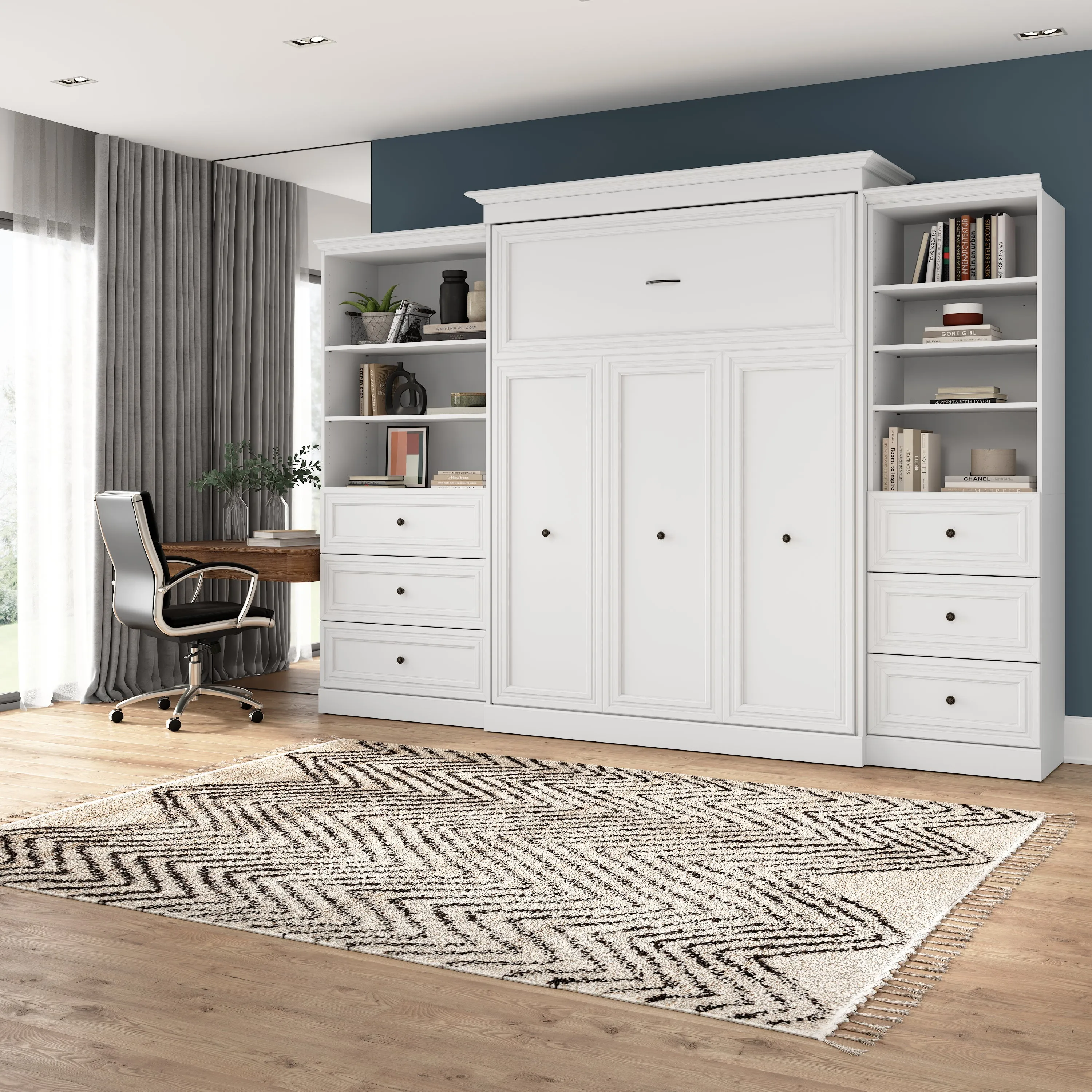 Versatile Queen Murphy Wall Bed and Closet Organizers with Drawers in White