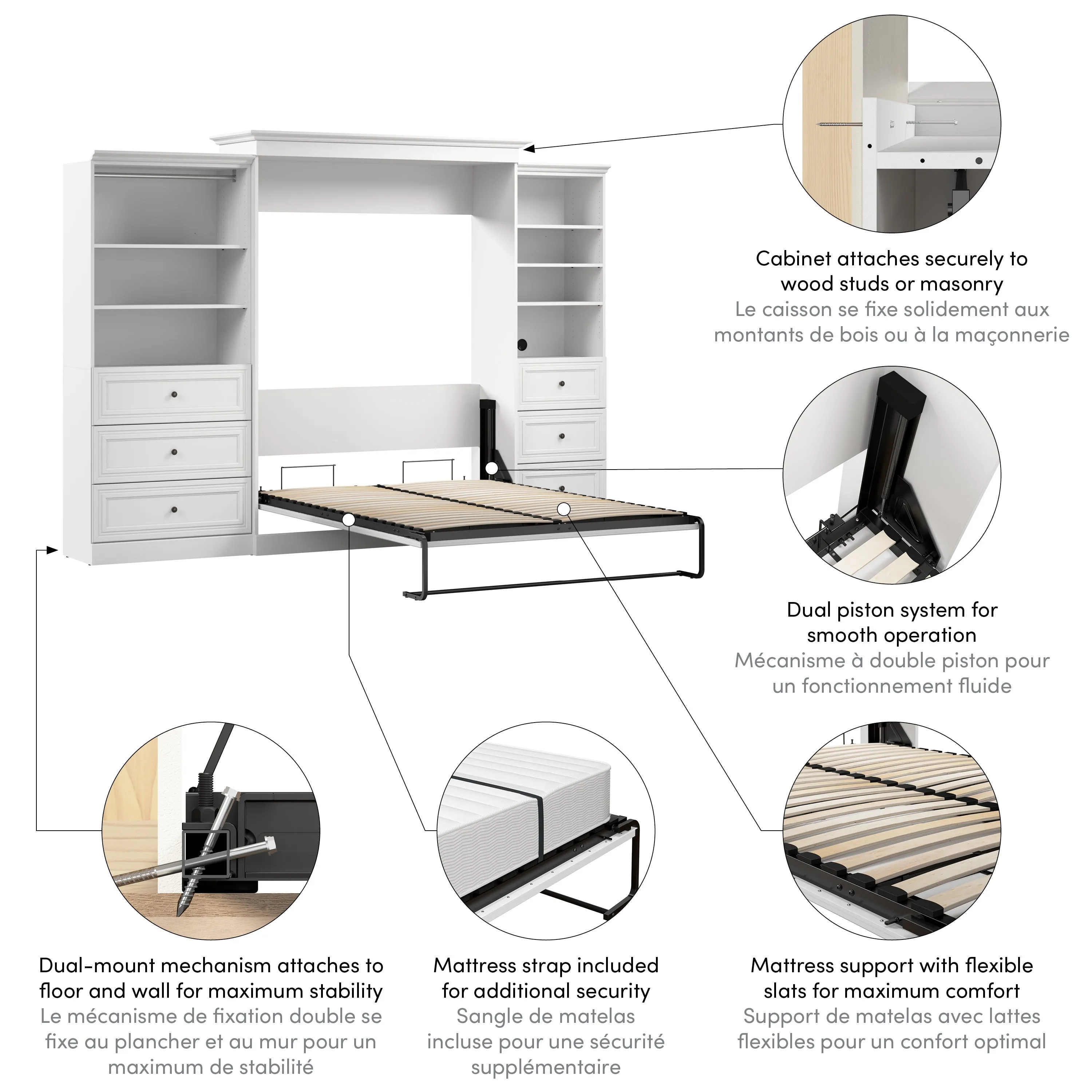 Versatile Queen Murphy Wall Bed and Closet Organizers with Drawers in White